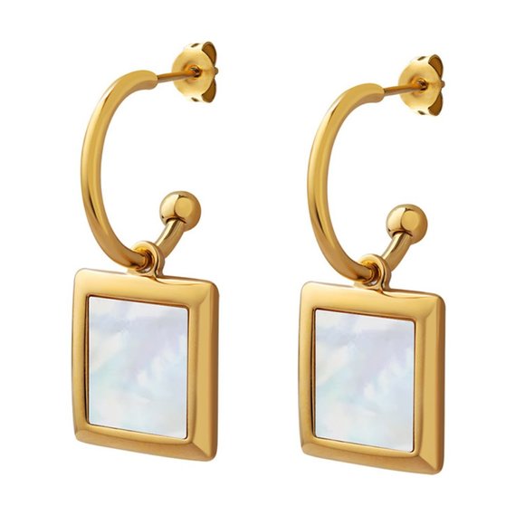 White Shell Geometric CC Hoop 18K Gold Plated Pendant Earrings Stainless Steel - Picture 4 of 7